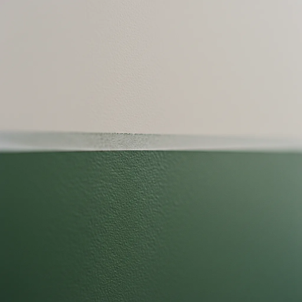 Saubere Farbabklebung zwischen mattweiß und moosgrün an einer Wand